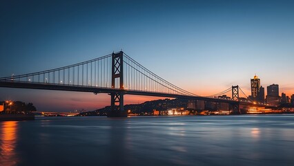 Fototapeta premium Silhouetted suspension bridge at dusk with city lights