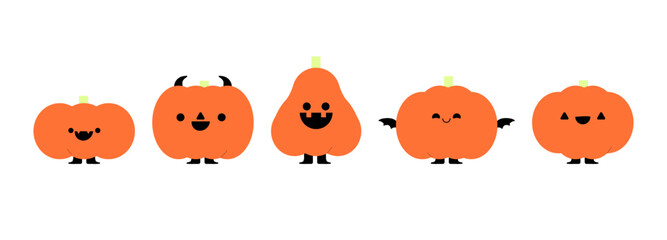 Cute Halloween pumpkins with happy funny face expressions.  Traditional fall squash. Kids flat vector illustration isolated on white background