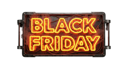 A black friday neon sign with a metal frame and orange glow on a black background display banner