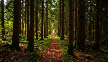 Obraz premium Forest path through tall trees