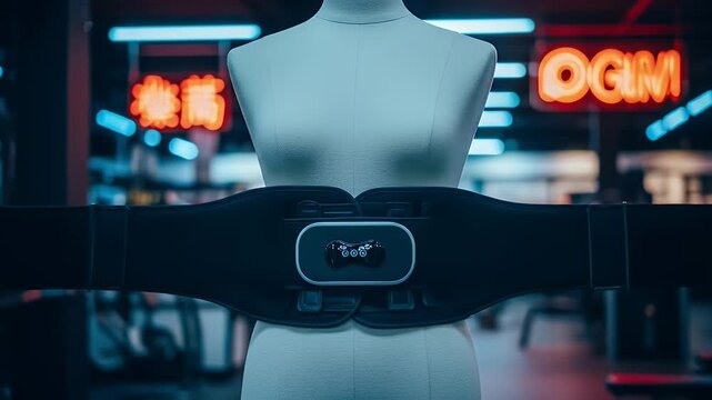 Close Up of Black Massage Belt with Digital Display Strapped Around White Mannequin in Dimly Lit Room with Neon Lighting Perfect for Abdominal Muscle Toning and Muscle Recovery Device Promotions