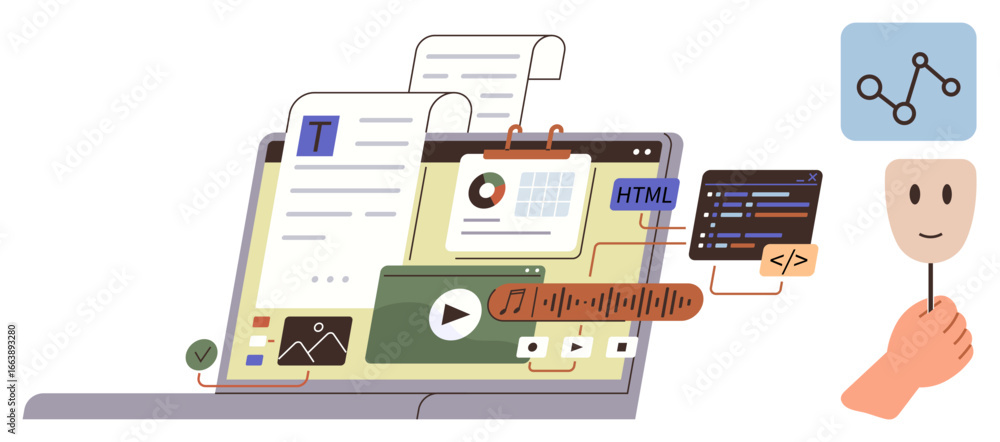 Poster laptop with screen displaying documents, media, coding, and graph icons. ideal for technology, softw