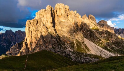 Obraz premium Dramatic mountain peaks bathed in golden sunlight, casting dramatic shadows across the rugged landscape.