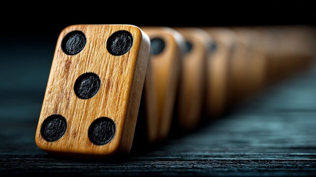 Series of domino falling representing character decisions Consequences Through Chain Reactions narrative digital art sequence dramatic progression lighting digital art tools