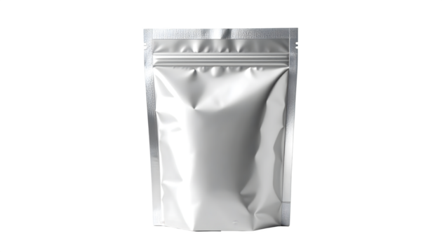 A blank silver foil pouch isolated on white background