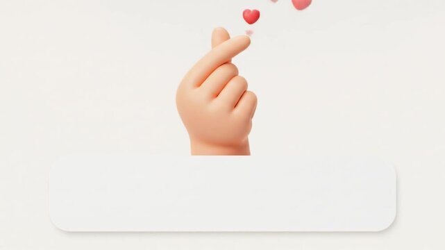 Video of a cartoon hand making a heart with fingers, centered on soft white background, with large blank area below for wedding or love campaign text