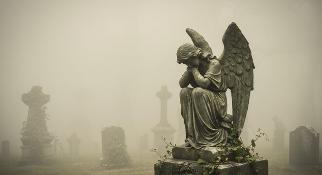 A weathered angel statue in a foggy cemetery with visible tombstones in the background Ivy creeps on the statues base
