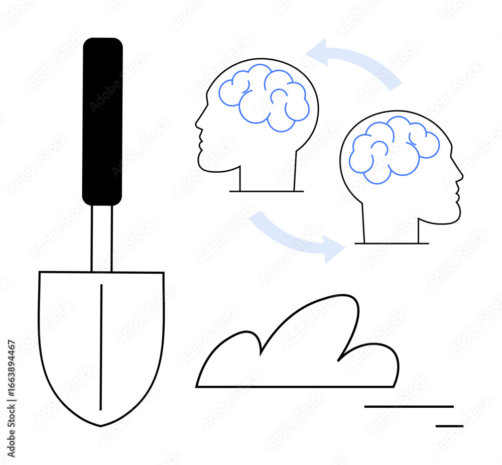 Poster shovel with two heads exchanging brain patterns and an abstract cloud, illustrating knowledge sharin