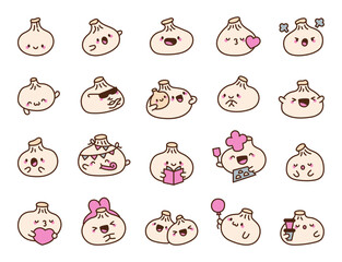 Khinkali georgian dumpling character set with charming emotions including smiling, hugging, reading, cooking, celebrating, and enjoying various traditional meal moments for design projects