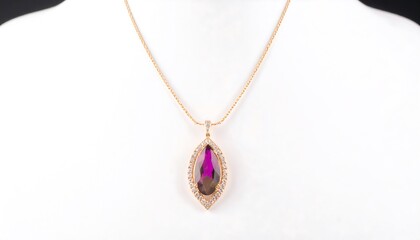 A gold necklace with a teardrop-shaped amethyst pendant, exquisitely detailed with tiny diamonds.