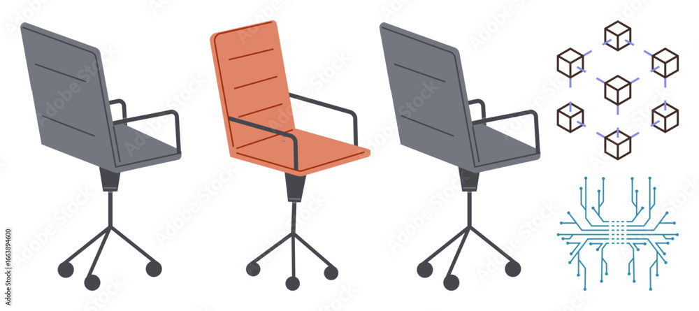Poster rotating office chairs, networked cubes symbolizing blockchain, and a circuit-style network diagram.