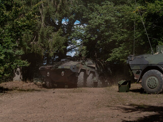 Military vehicles positioned in forest setting with natural camouflage and concealment