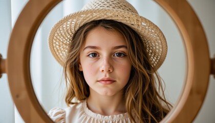 Serene Girl with Straw Hat Reflected Circular Mirror