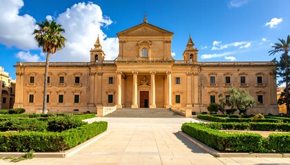 Fototapeta premium Majestic Baroque Basilica with Palm Trees and Lush Gardens Under a Blue Sky.