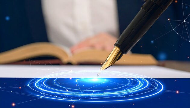 A fountain pen hovers over a document, its tip positioned over a digitally rendered, glowing, blue circular pattern, suggestive of futuristic technology.
