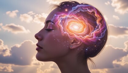 Serene Woman with Cosmic Inner Universe Silhouette