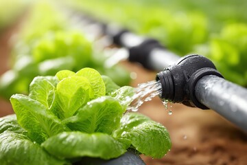smart irrigation system watering rows of lettuce