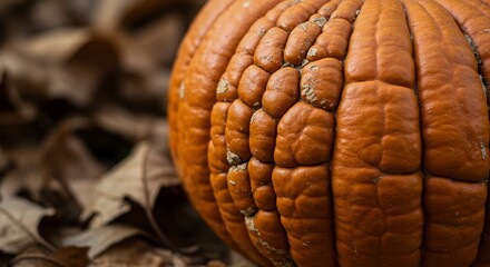 Closeup of a textured orange pumpkin on brown dried leaves with visible ridges