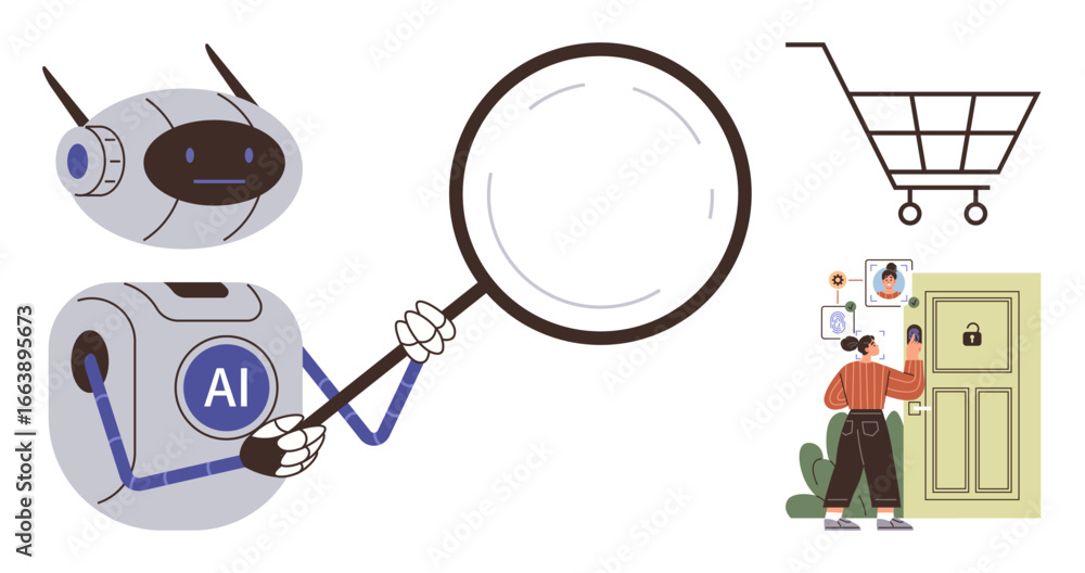 Poster robot with a magnifying glass examines data user scans id for verification beside a secure door. ide