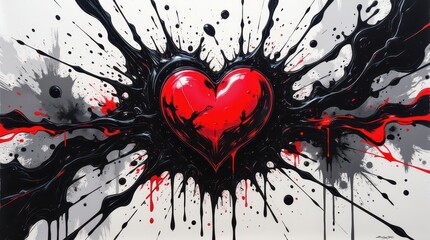 Heartburst Abstract: A vibrant red heart explodes with a dramatic burst of black and red ink, creating a visually arresting and emotionally charged abstract composition
