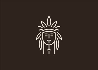 A simple minimalist Native American face logo in line style, representing heritage, tradition, and strength