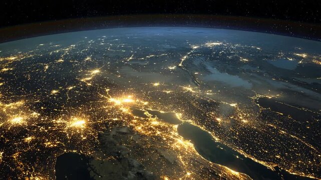 An aerial night view of Earth, showing illuminated cities across land, curved by atmosphere