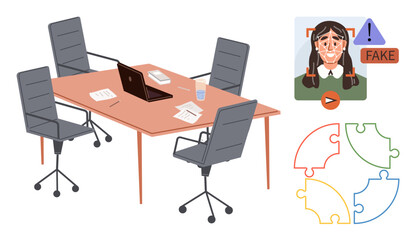 Office table with chairs, laptop, documents, and glass. AI-detected deepfake warning on womans face with video icon. Four colorful puzzle pieces. Ideal for teamwork, fraud detection, workplace