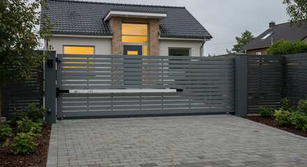 A modern house with a gray horizontal slat gate and a brick driveway on a cloudy overcast day outside