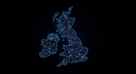 A digital map of the united kingdom and ireland with glowing nodes and connecting lines on black background