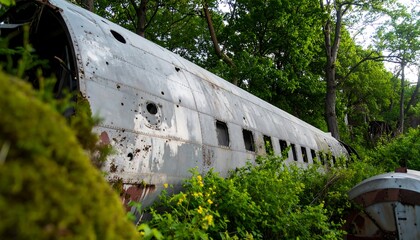 A weathered, gray airplane fuselage rests amidst overgrown vegetation, revealing bullet holes and signs of decay in a natural setting.