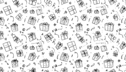 Hand-drawn gift boxes pattern on white background