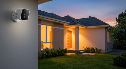 Security camera mounted on a wall outside a house at dusk providing home surveillance and protection