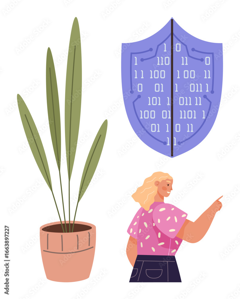 Poster woman pointing at shield showcasing binary code as a symbol of cybersecurity. scene includes tall gr