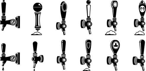Beer taps icons set. Beer tap handles, dispensing refreshment, one pint at a time, a collection of various beer tap handles