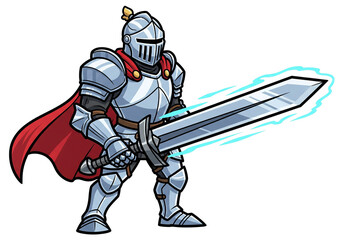 Fototapeta premium PNG-2D vector sprite of a heroic knight character wearing shiny silver armor, holding a broad sword with glowing blue edges, standing in a confident pose/game character