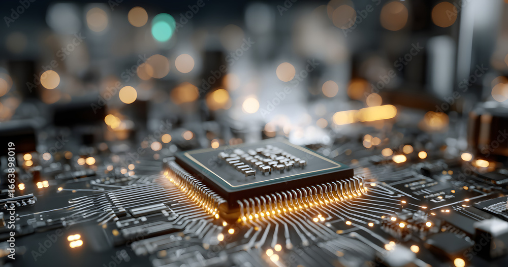 Poster computer chip mockup on circuit board with glowing lights, electronic components, intricate pathways