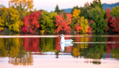 A serene lake scene showcases a seagull gliding across calm water, mirroring autumn foliage's vibrant hues.