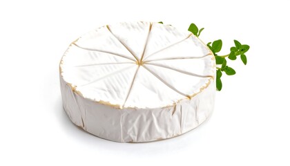 Round Camembert Cheese with Fresh Thyme Sprig on White Background.