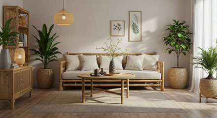 Interior of a living room with a bamboo sofa, a round table, plants and decor in a neutral color palette