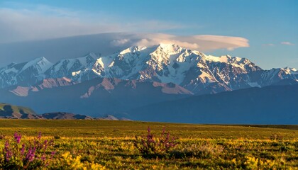 Fototapeta premium Majestic snow-capped mountain range rises above a vast, colorful, and vibrant meadow.