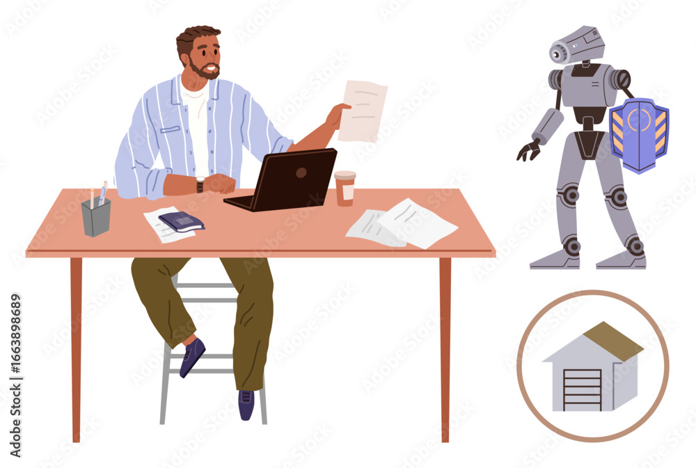 Poster man at desk holding document, using laptop, interacting with humanoid robot and shield icon. ideal f