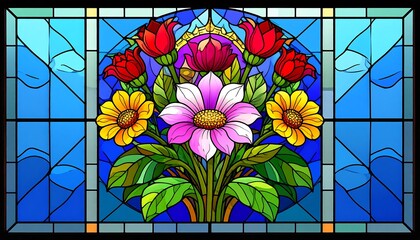 Vibrant floral stained glass design depicts a bouquet of colorful tulips, dahlias, and sunflowers, framed by a pattern of intricate blue glass sections.