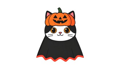A charming black and white cat, wearing a festive orange pumpkin hat and a dark cloak, is presented against a plain white background.