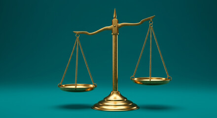 A golden scale of justice with chains and bowls against a teal background in a studio setting