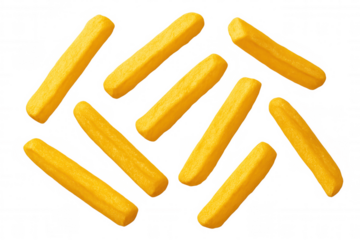 Golden potato strips falling through open space, generating crispy, appetizing visual impact
