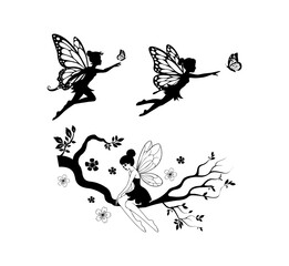 A collection of black silhouette designs featuring elegant fairies. 