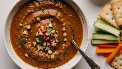 Asian-style vegetarian dip top view of bumbu kacang peanut sauce in a bowl with ground peanuts chili garlic soy and tamarind spices
