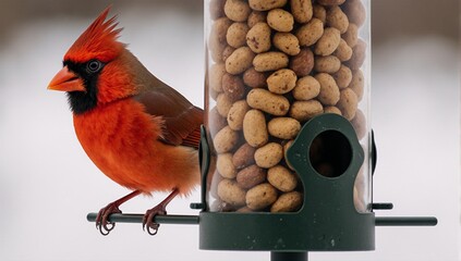 A red cardinal on a peanut feeder