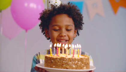 Child birthday cake candle celebration party smiling happy festive balloon boy curly hair holding plate colorful indoor event joyful fun holiday sweet dessert light flame cheerful young cute