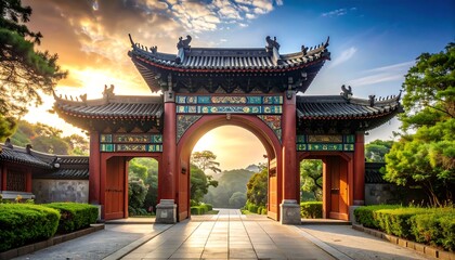 Obraz premium Majestic Chinese Temple Gate at Sunset with Golden Light and Lush Greenery.